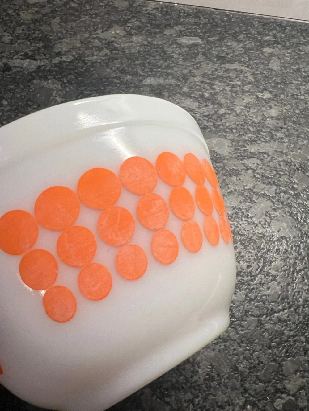Pyrex White Milk Glass Mixing Bowl with Orange Dot Pattern Great condition.